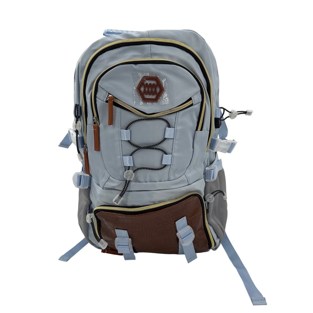 Light Blue Tactical USB Charging Backpack Brown Croc Accents Gold Hardware 1091
